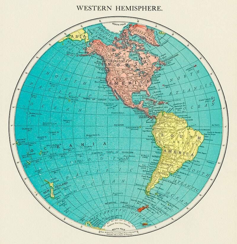 Western　Vintage　poster　World　1908　art　Hemisphere　wall　Atlas　map,　print