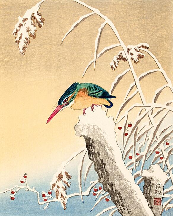 Vintage Japanese Kingfisher in the snow Ohara Koson wall art