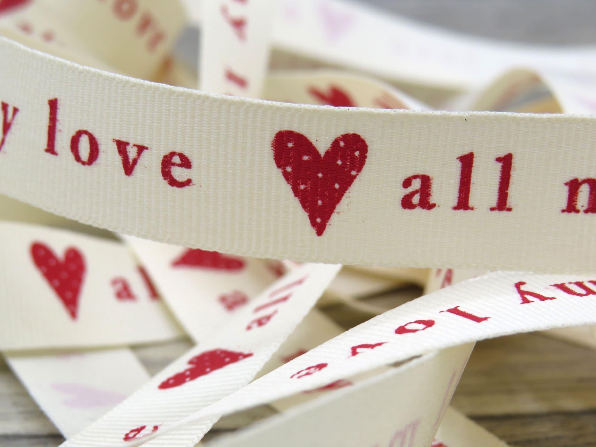 Berisfords ALL MY LOVE heart Valentine Ribbon 15mm - 3 colours & various  lengths