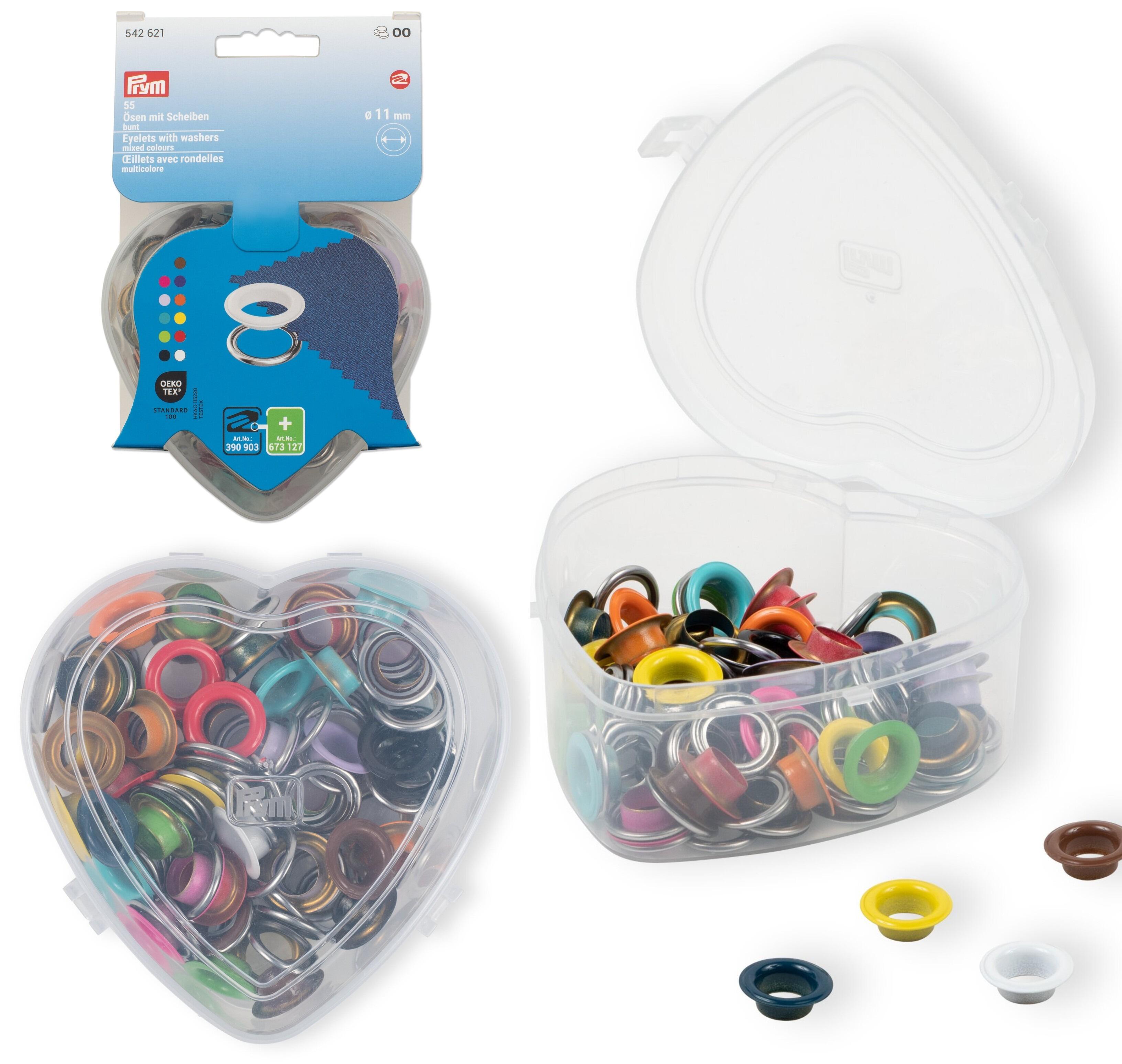 Prym Heart Box containing 55 11mm colourful eyelets and washers from the Prym non-sew range