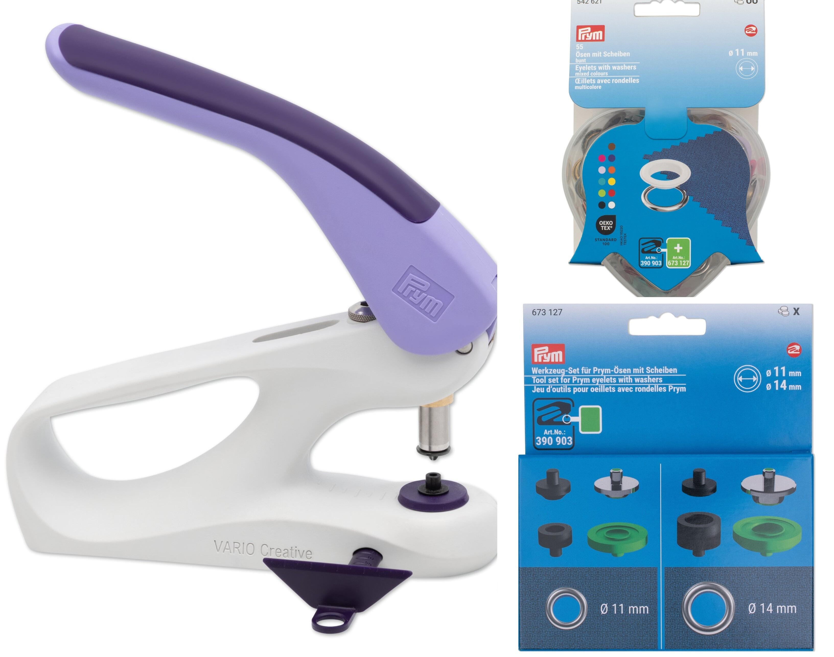 The Prym 11mm Eyelet Bundle Starter set. Containing the Prym Vario Creative Tool, 11mm Tool Set & 11mm Eyelets with washers in a heart shaped box.