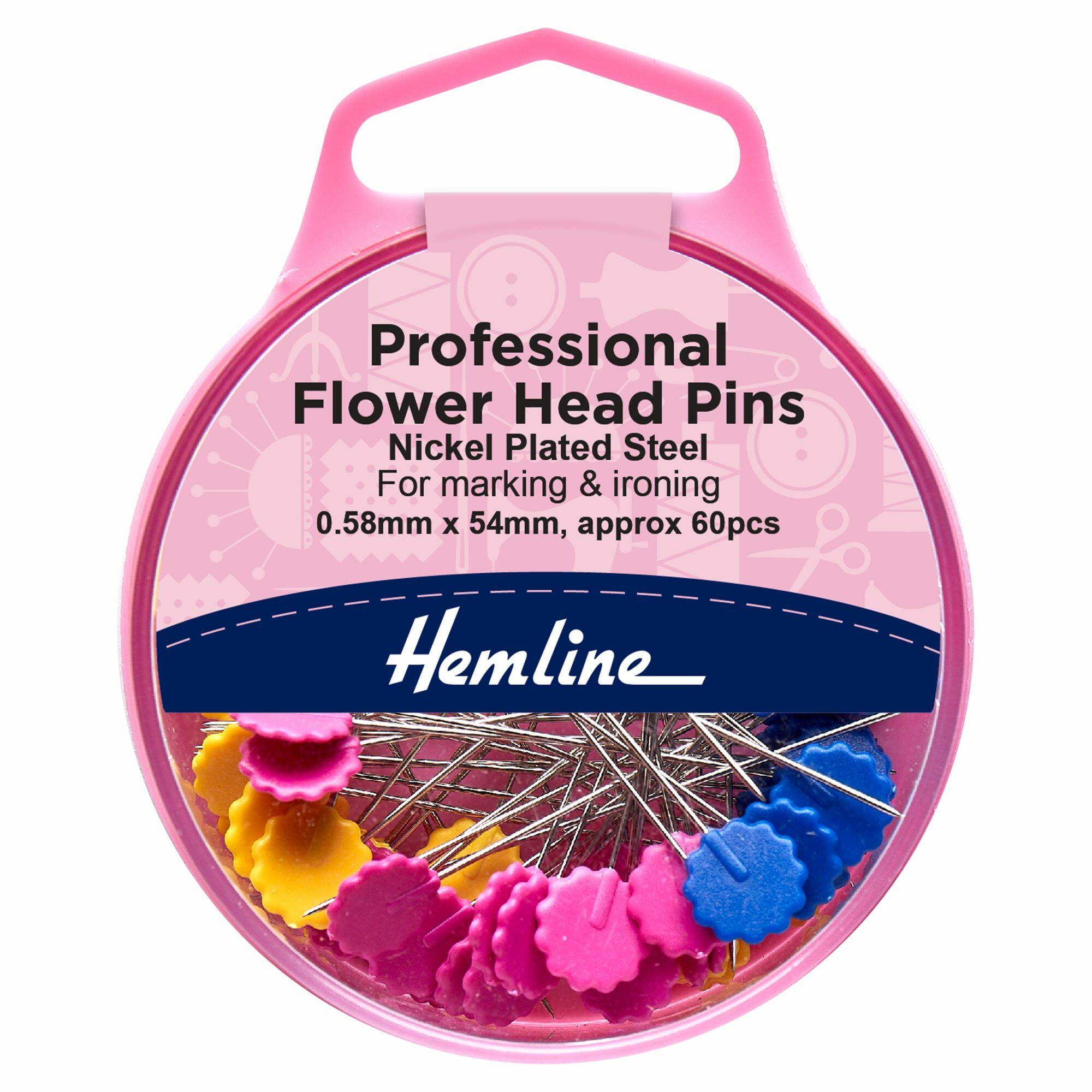 Pink Hemline plastic storage pot containing pins with colourful flat plastic flower shaped heads.