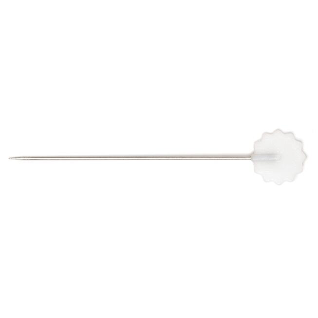 Singular pin with a white flat plastic flower shaped head