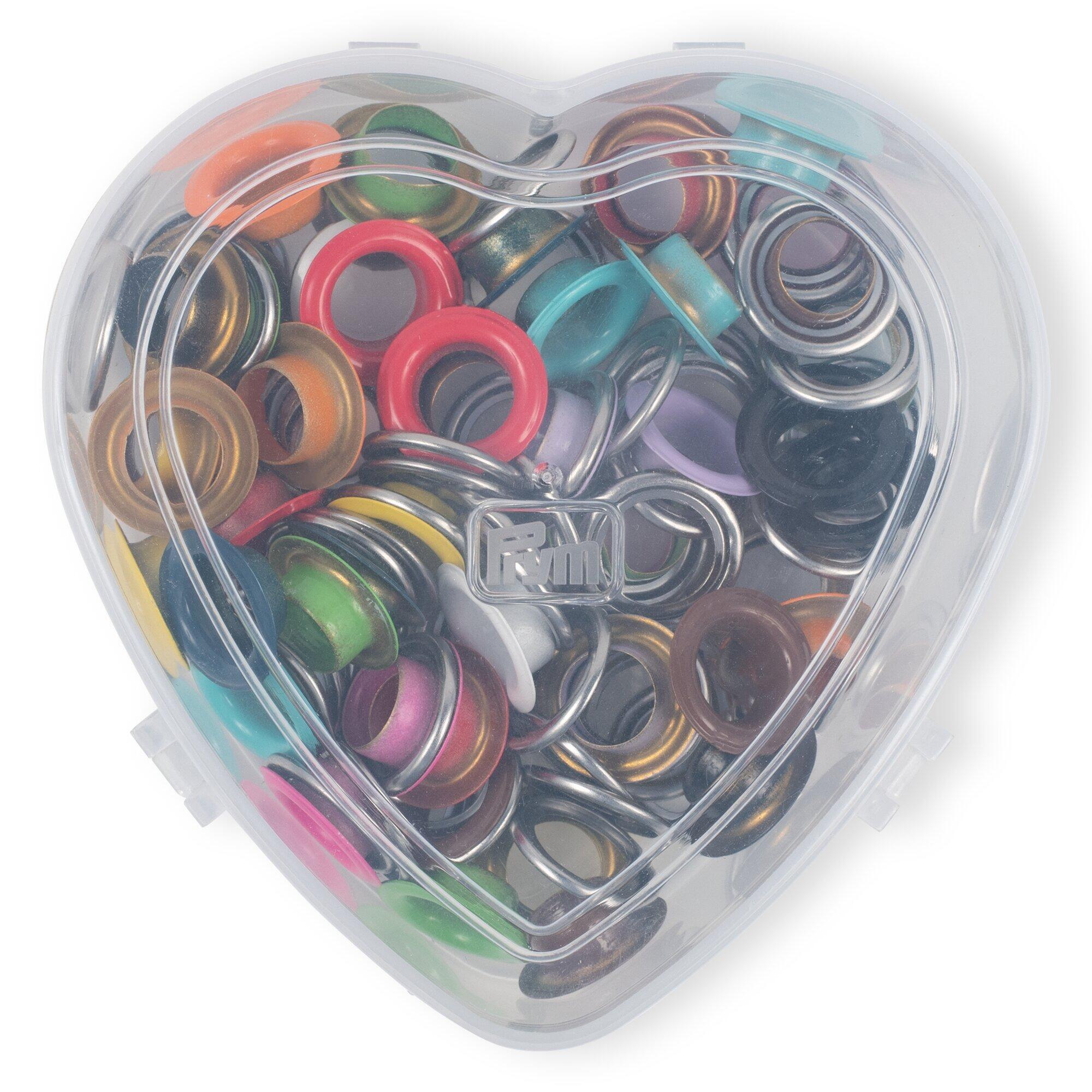 Prym Heart Box containing 55 11mm colourful eyelets and washers from the Prym non-sew range