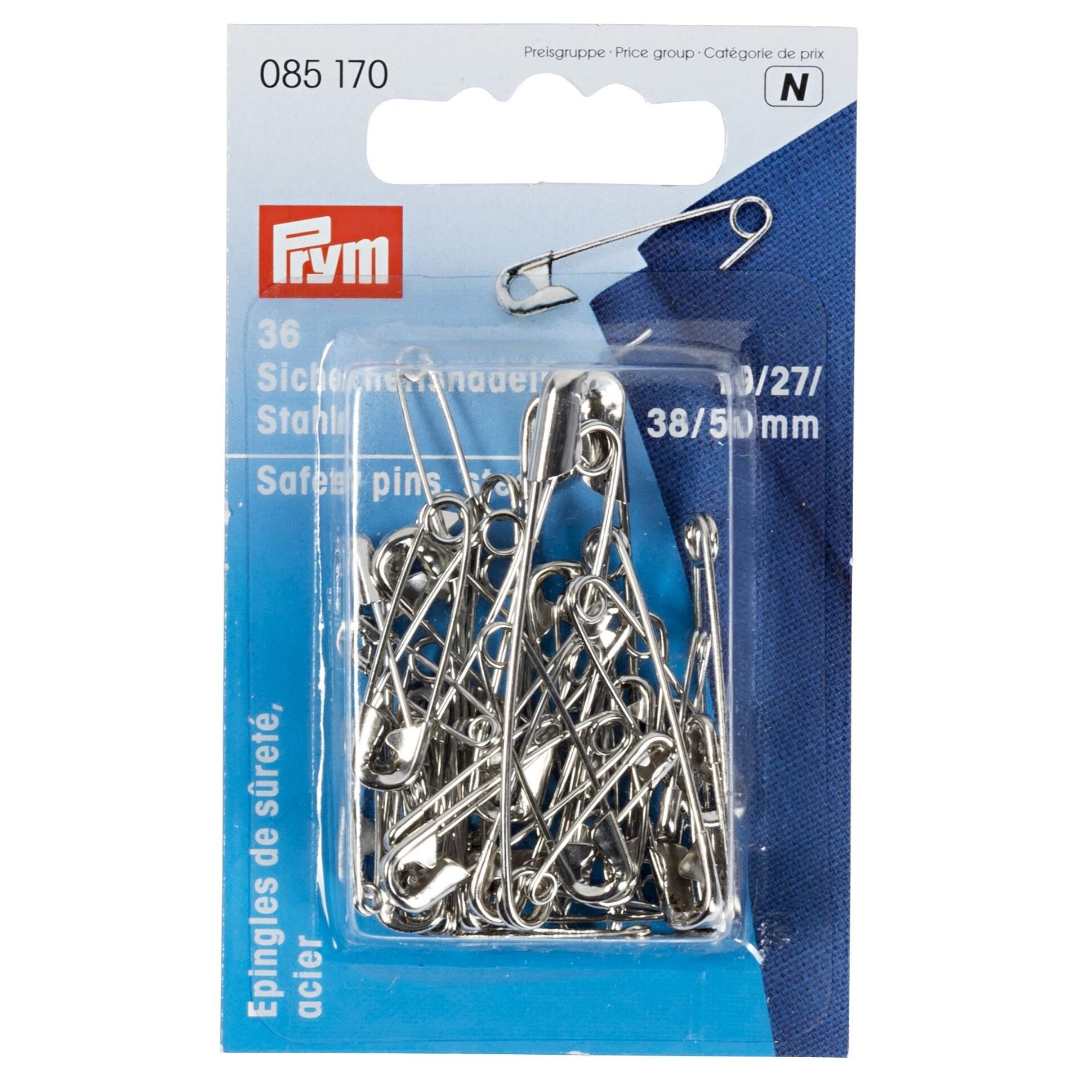Prym silver safety pins in pack with sizes 19mm, 27mm, 38mm & 50mm.