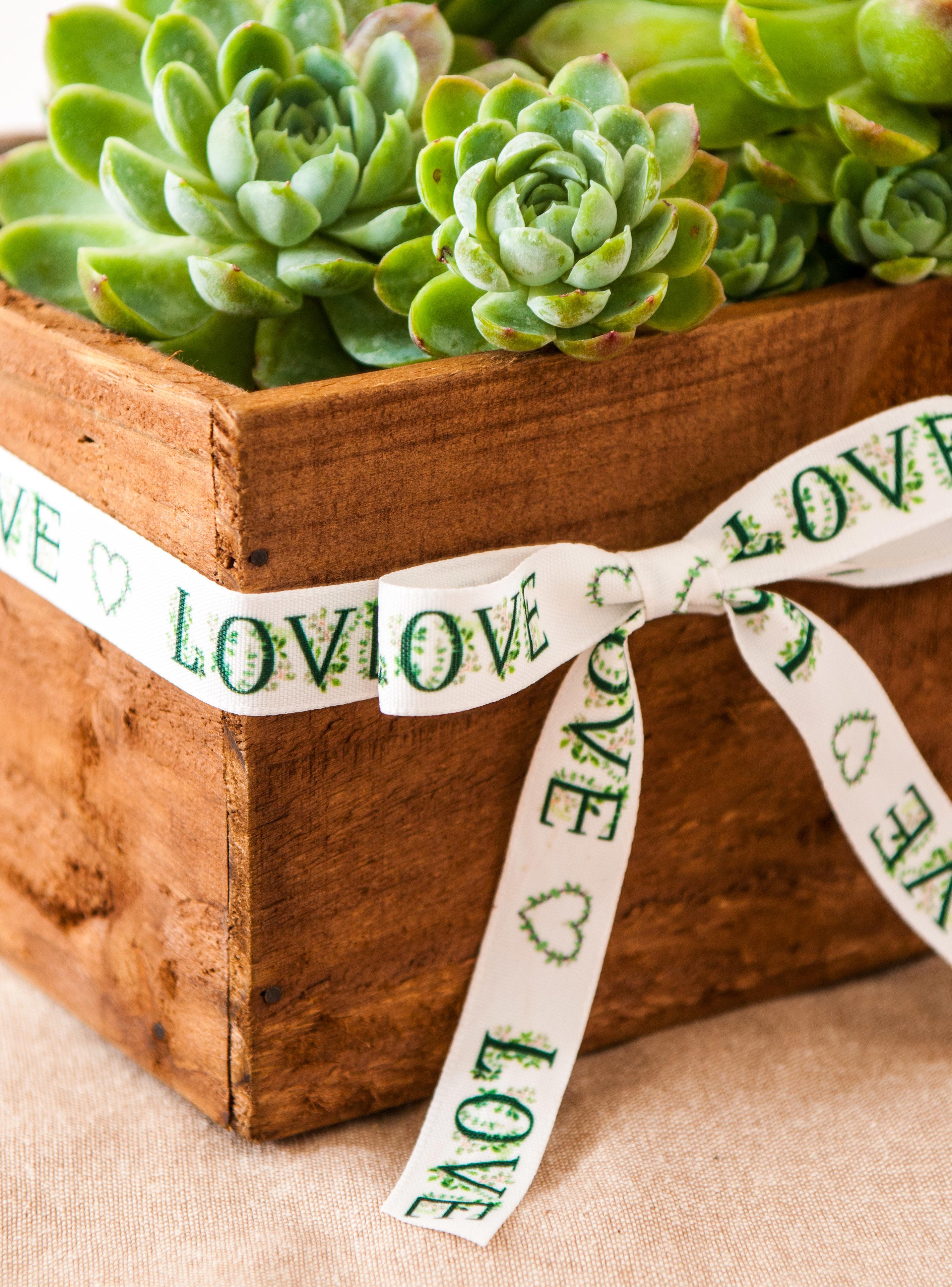 White ribbon with Green Love wording and floral pattern tied in a bow around a wooden plant holder.