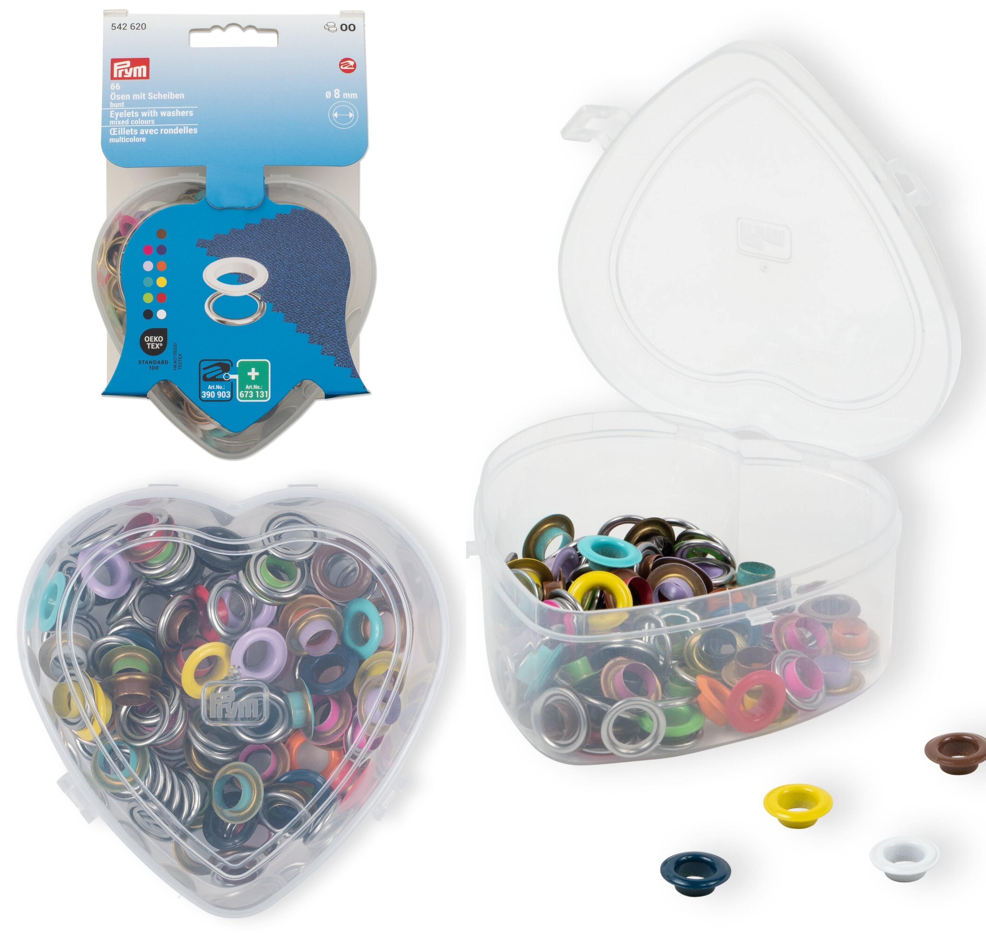 Prym Heart Box containing 66 8mm colourful eyelets and washers from the Prym non-sew range