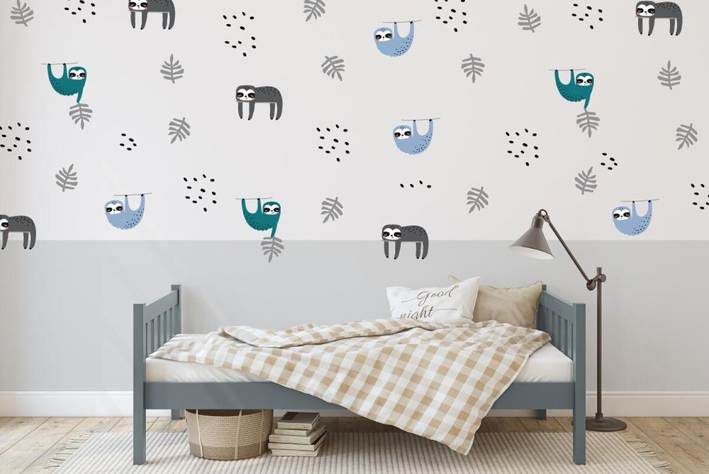 Sloth wall stickers in a tidy boy's bedroom