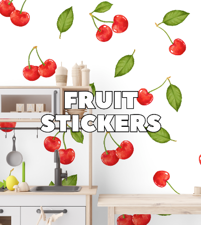 Fruit wall stickers for kids bedrooms, cute fruit stickers with smiling faces stuck to a child's bedroom wall