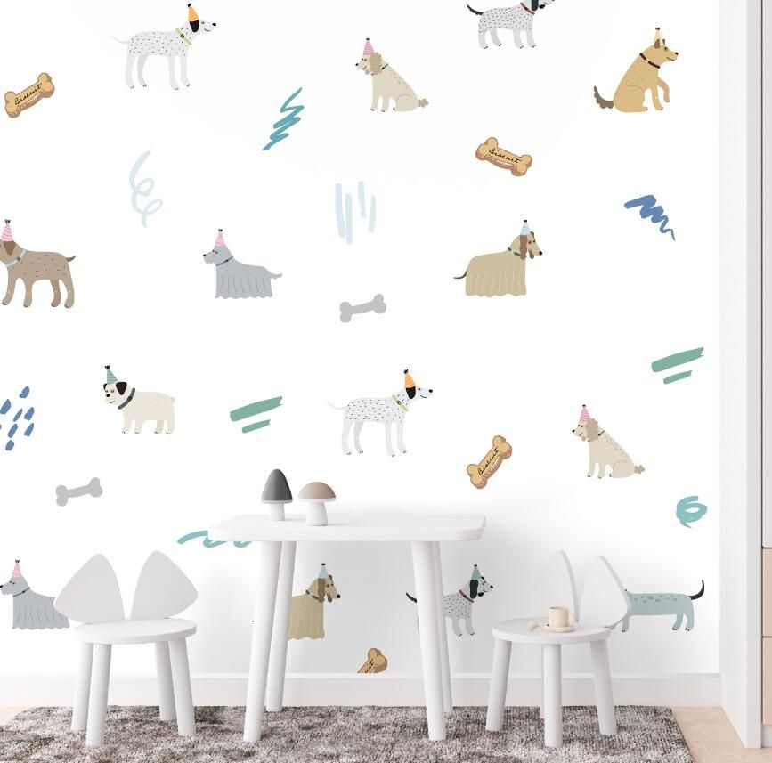 Dog wall stickers in pastel colours, cute dogs in party hats, wall decals for kids