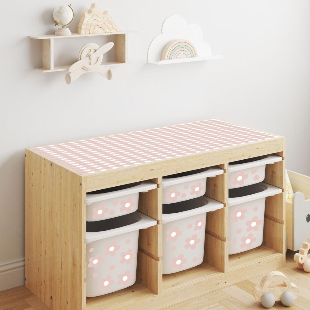 Stickers for Ikea trofast tubs, daisies and gingham in pink