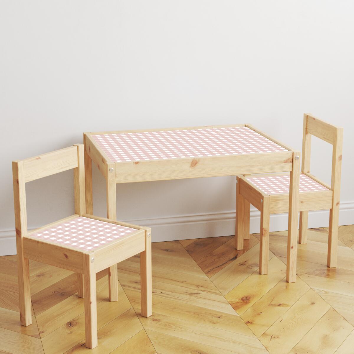 Ikea latt table and chairs with pink gingham stickers on table and chairs by Eliza Doodle Designs, latt vinyl stickers
