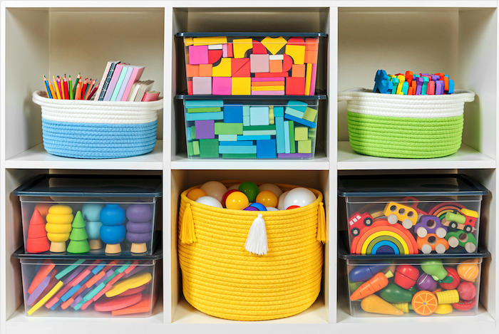 colourful playroom organisation, playroom storage furniture