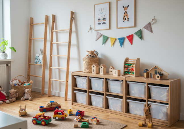 playroom organisation, playroom storage solutions, neutral playroom design, ikea toy storage trofast