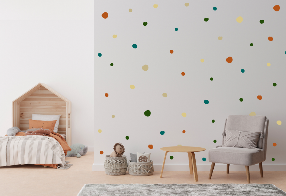 Bohemian style dotty wall decals in a tidy children's bedroom