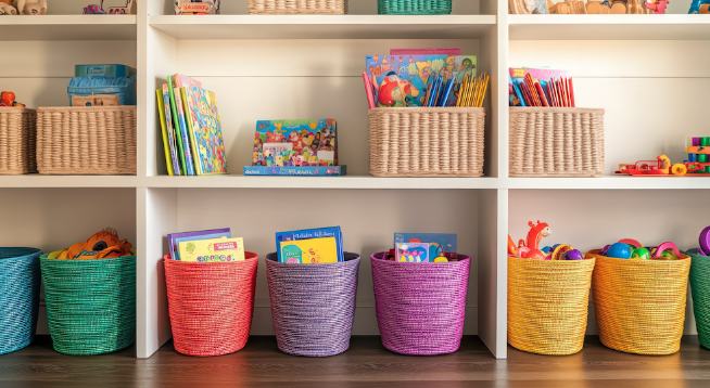 colourful playroom organisation, playroom storage ideas