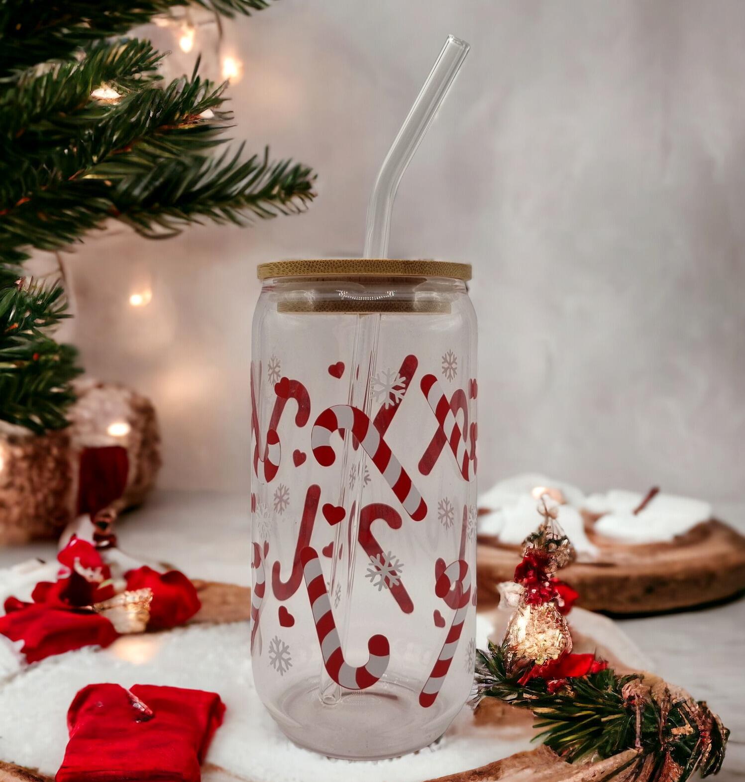 Candy Cane 16oz Glass Can with Bamboo Lid & Straw