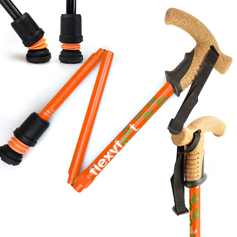 Flexyfoot Premium Cork Handle Folding Walking Stick - Orange