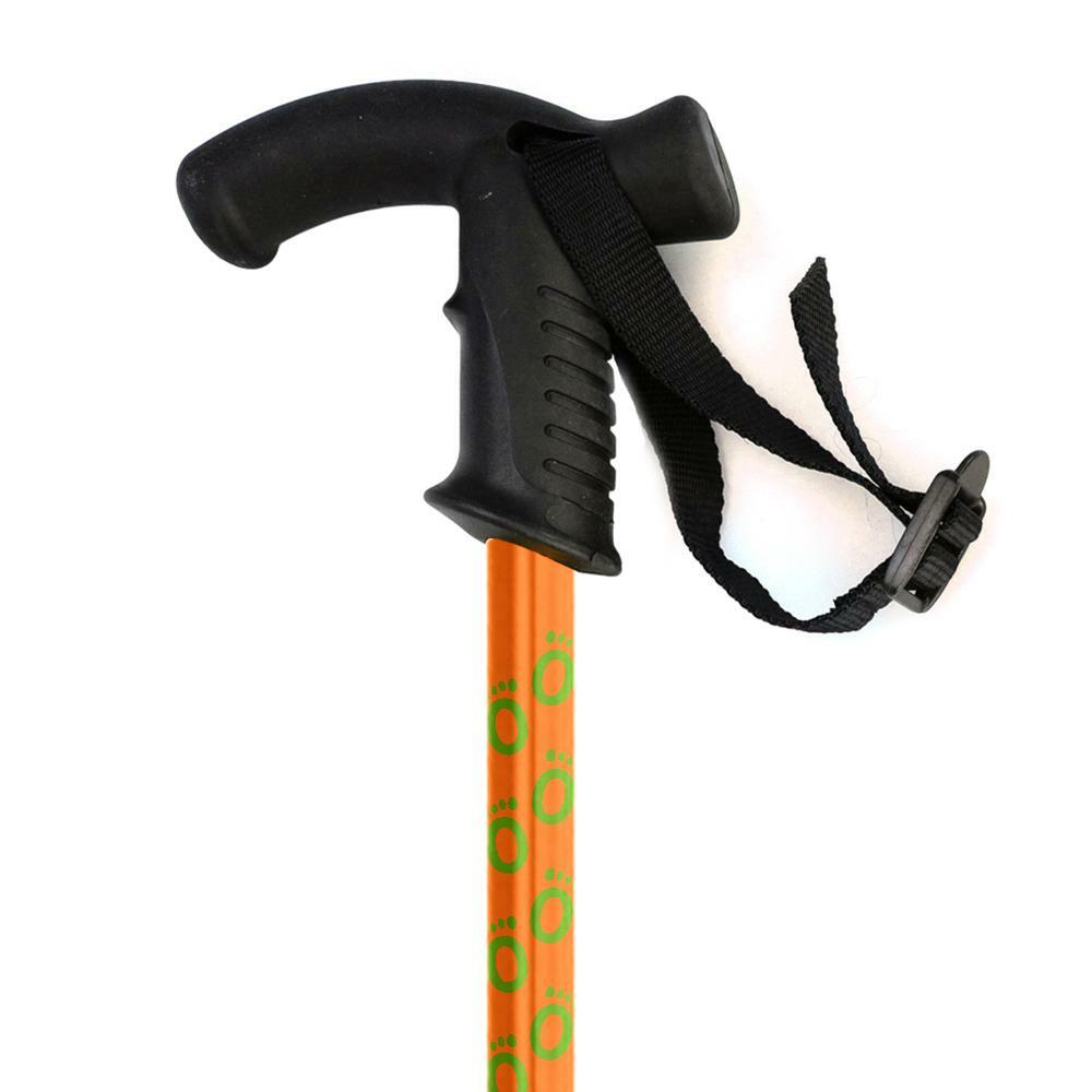 The derby handle of an orange Flexyfoot Premium Derby Handle Folding Walking Stick