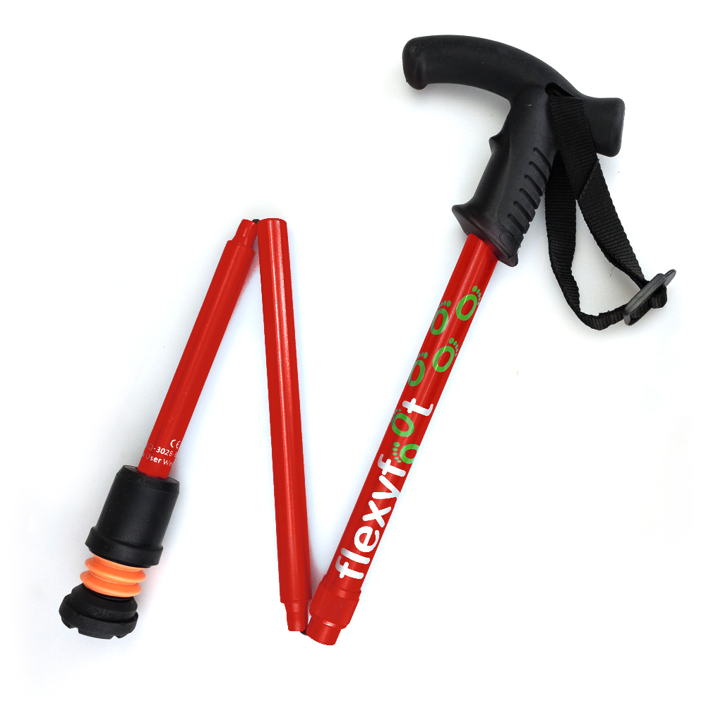 A single red Flexyfoot Premium Derby Handle Folding Walking Stick