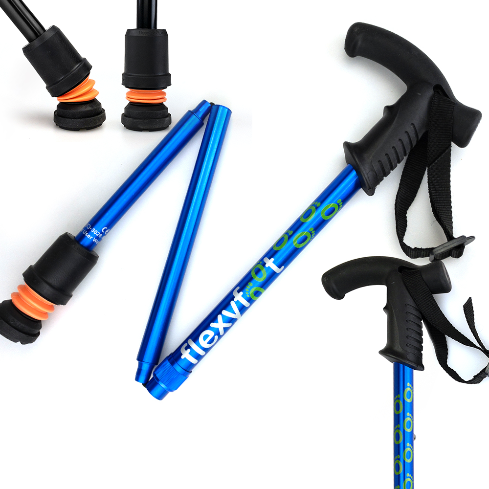 A blue Flexyfoot Premium Derby Handle Folding Walking Stick