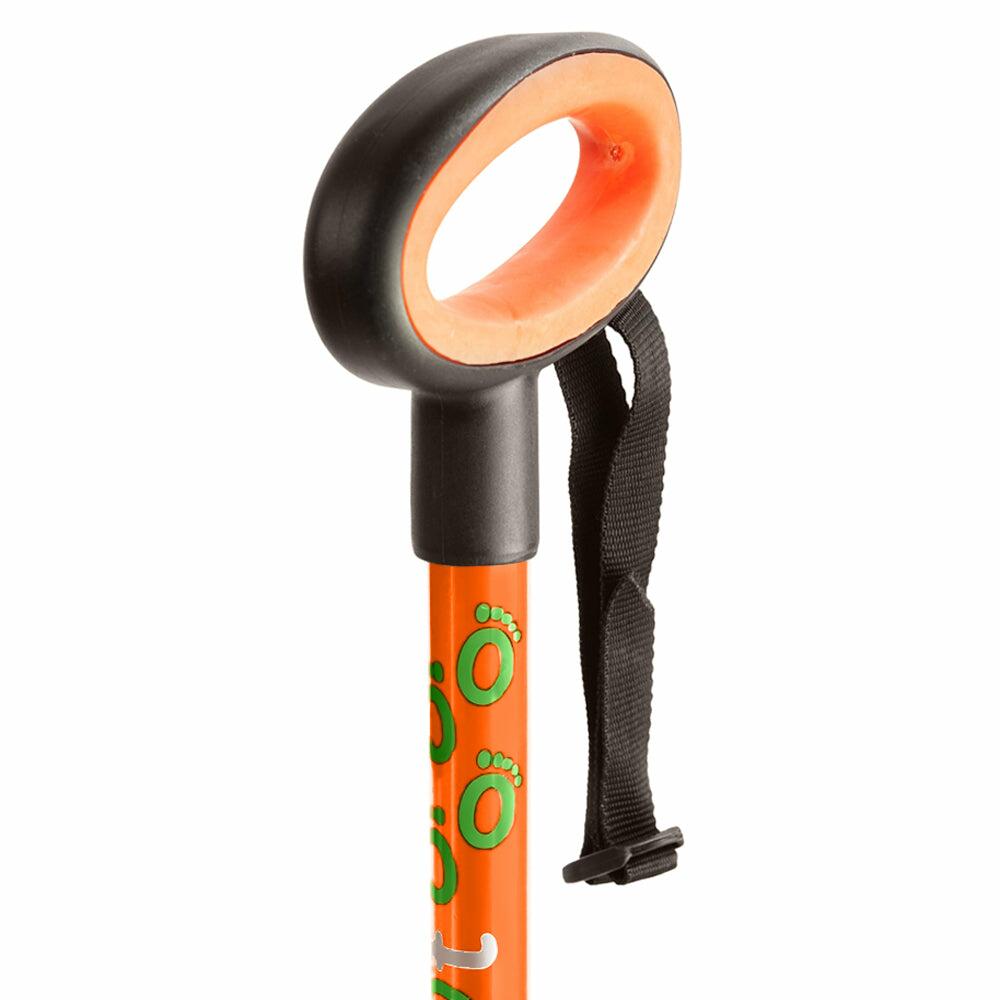 The oval handle of an orange Flexyfoot Premium Oval Handle Folding Walking Stick