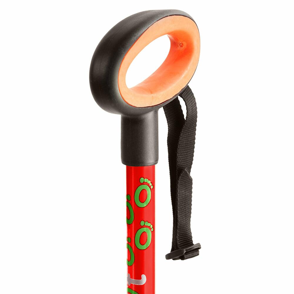 The oval handle of a red Flexyfoot Premium Oval Handle Folding Walking Stick