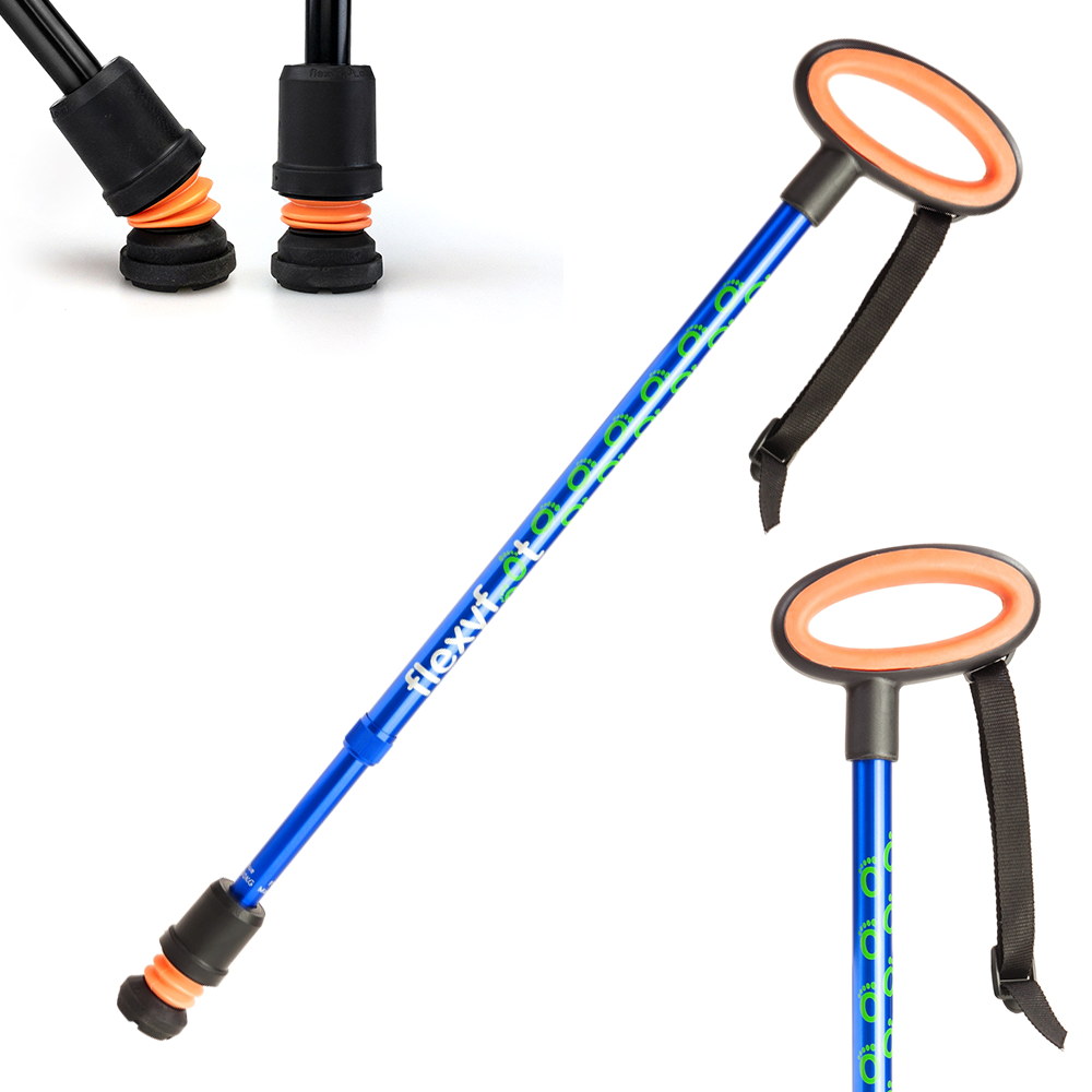 A blue Flexyfoot Premium Oval Handle Walking Stick
