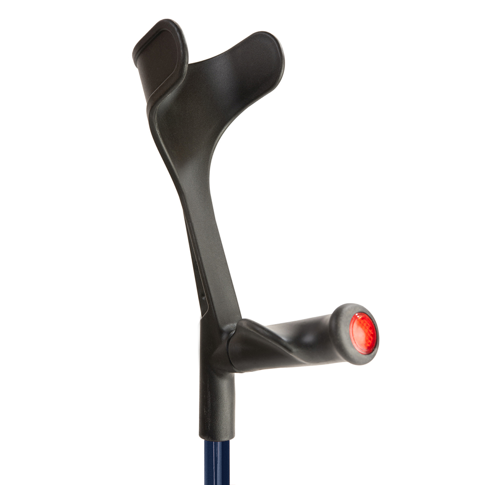 Comfort grip handle and open cuff of a blue Flexyfoot Comfort Grip Open Cuff Crutch
