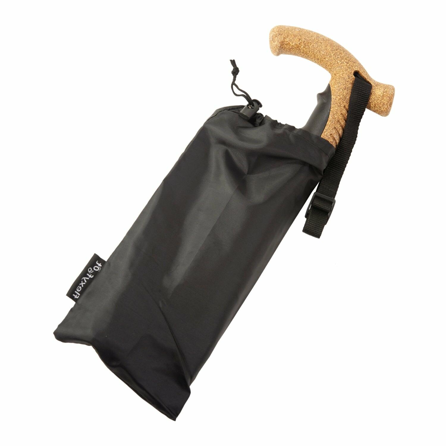 A single red Flexyfoot Premium Cork Handle Folding Walking Stick in the supplied carry bag