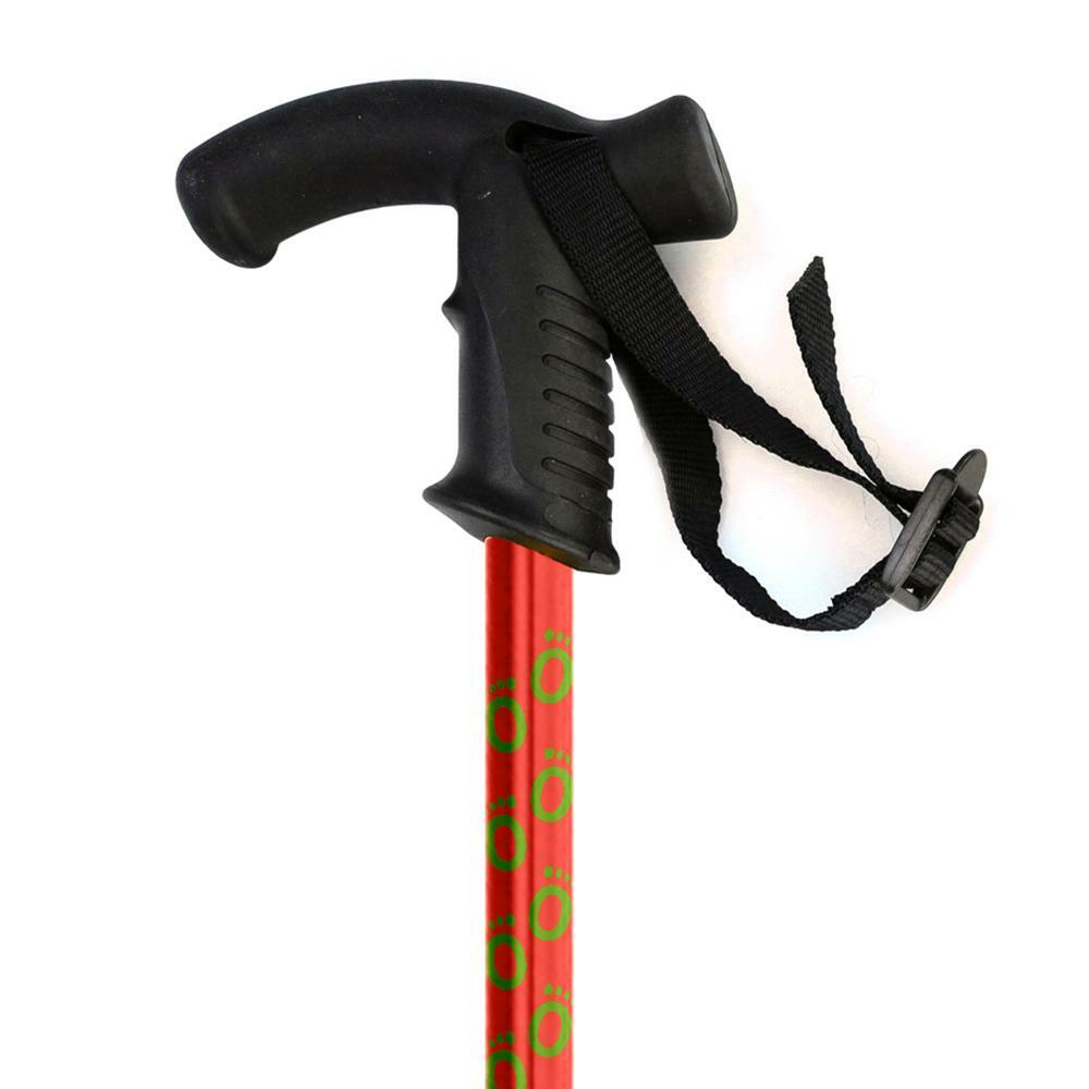 The derby handle of a red Flexyfoot Premium Derby Handle Folding Walking Stick