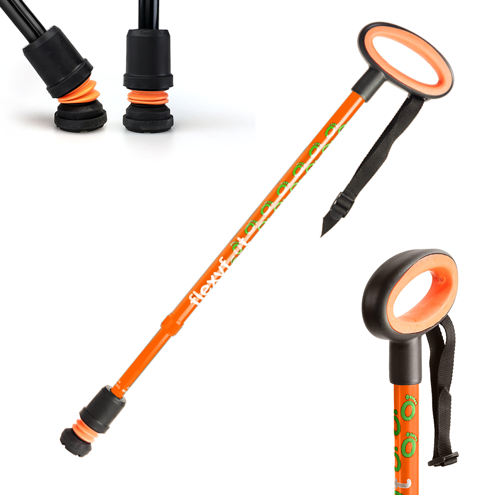 An orange Flexyfoot Premium Oval Handle Walking Stick
