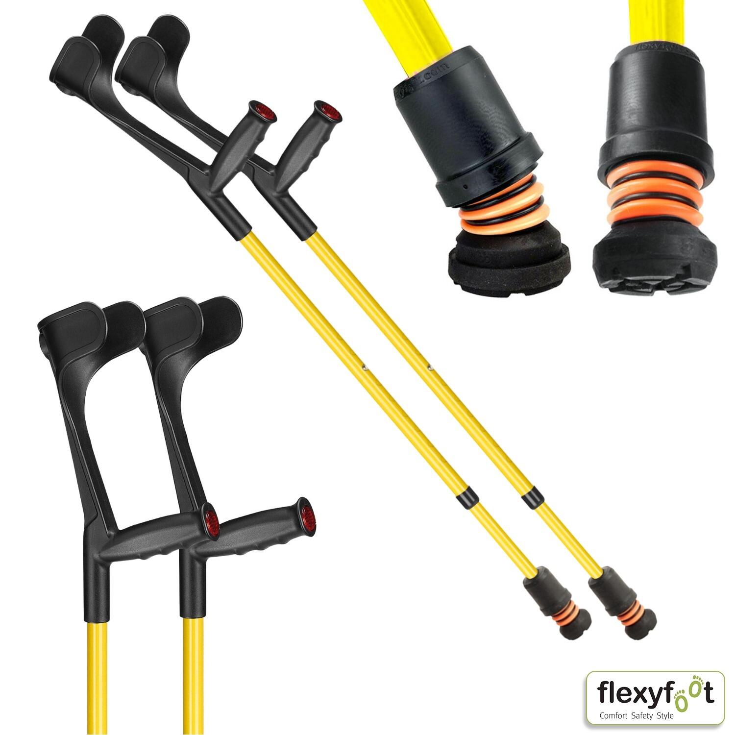 A pair of yellow Flexyfoot Soft Grip Open Cuff Crutches