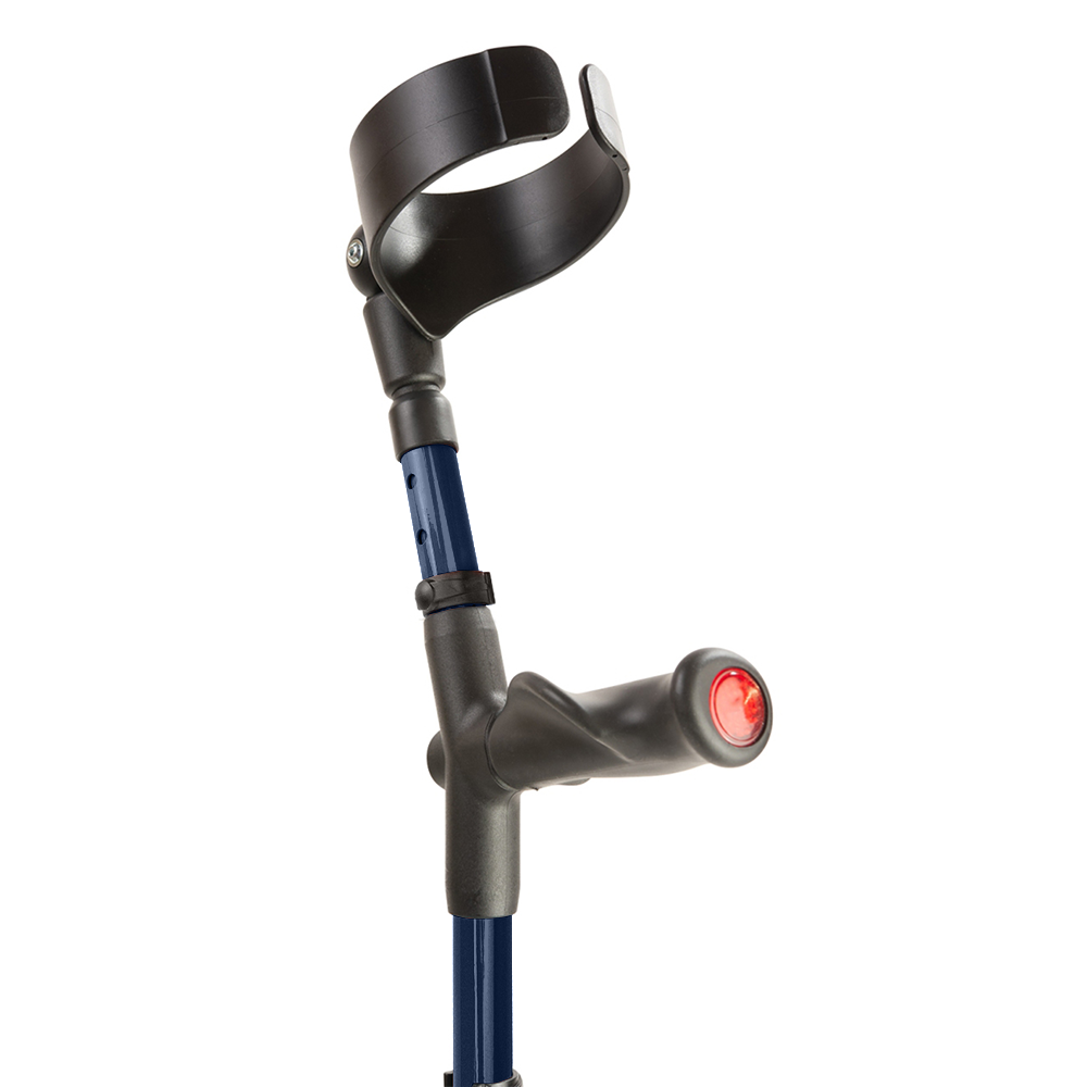 Comfort grip handle and closed cuff of the blue Flexyfoot Comfort Grip Double Adjustable Crutch
