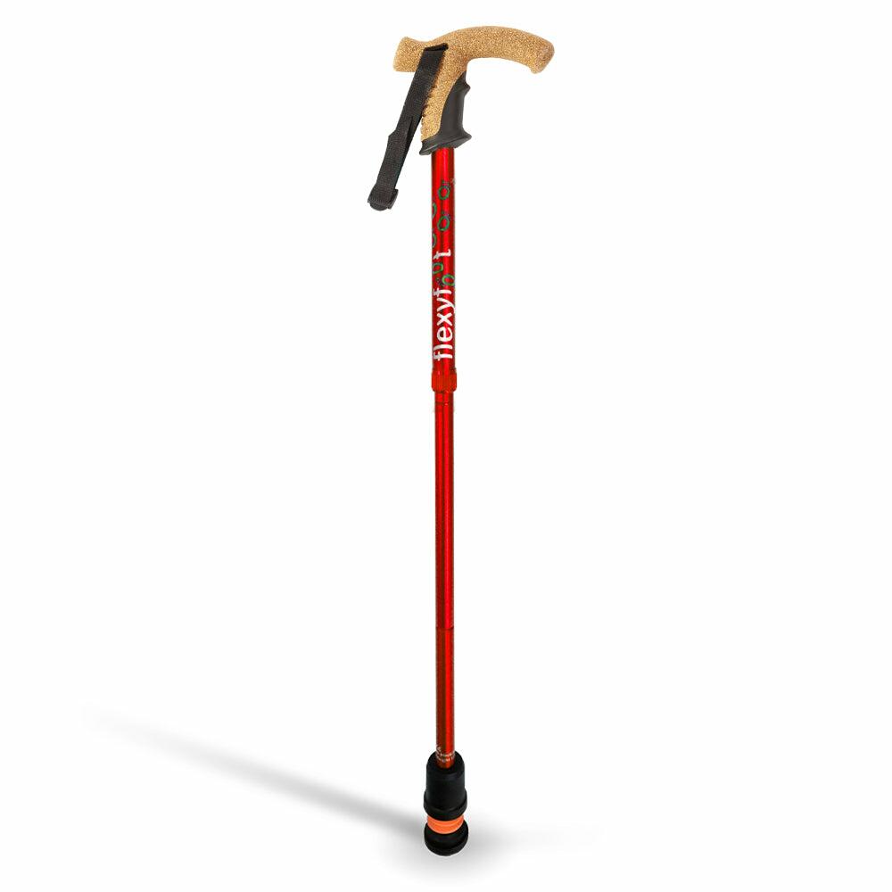 A single red Flexyfoot Premium Cork Handle Folding Walking Stick