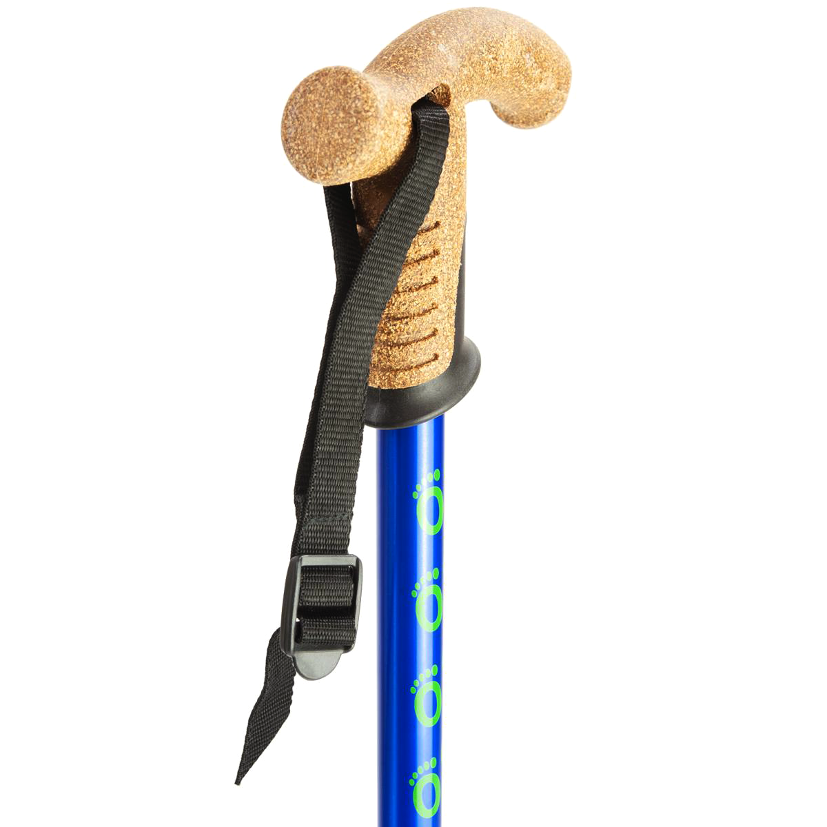 The cork handle of a blue Flexyfoot Premium Cork Handle Walking Stick