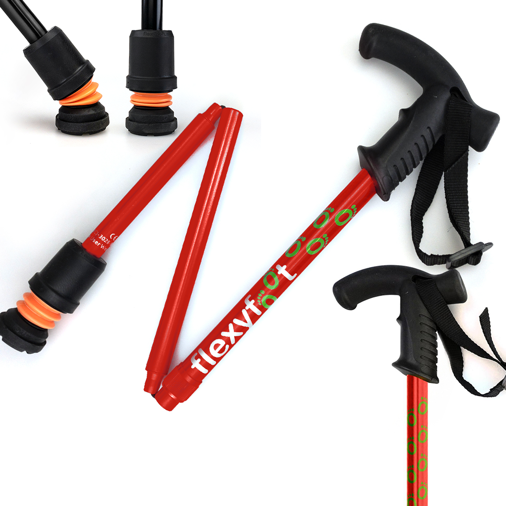 A red Flexyfoot Premium Derby Handle Folding Walking Stick