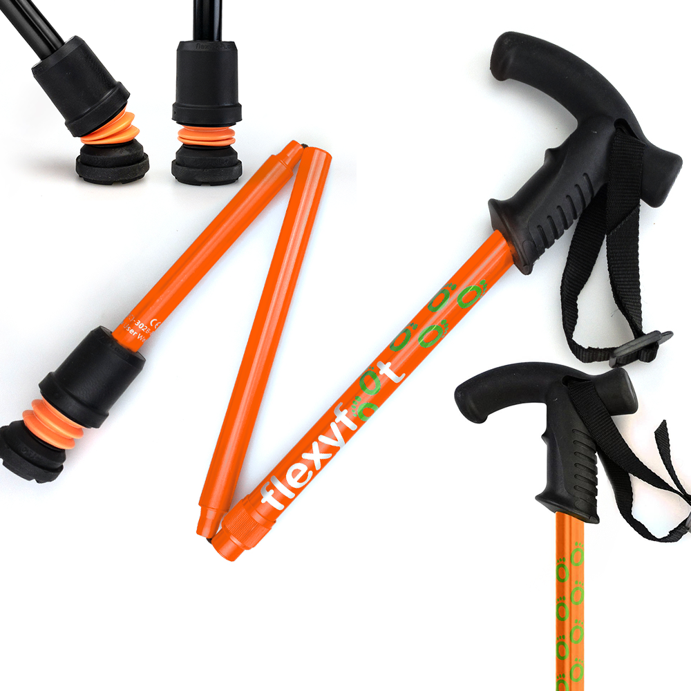 An orange Flexyfoot Premium Derby Handle Folding Walking Stick