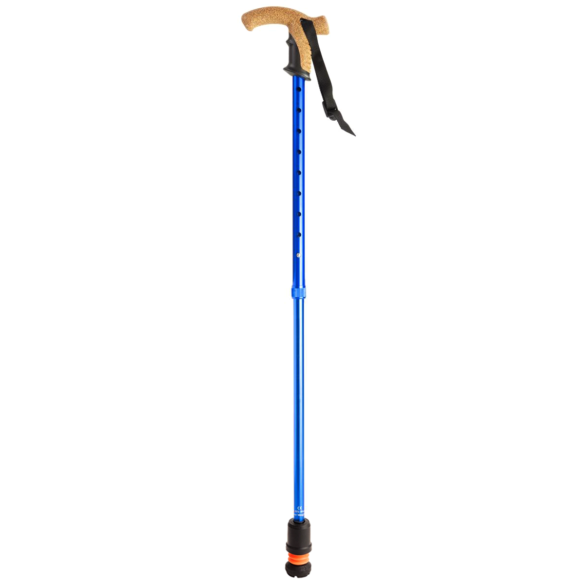 A single blue Flexyfoot Premium Cork Handle Walking Stick