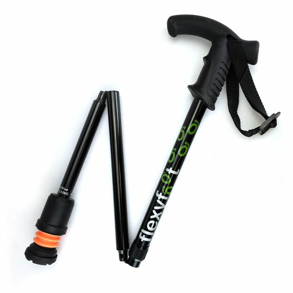 A single black Flexyfoot Premium Derby Handle Folding Walking Stick