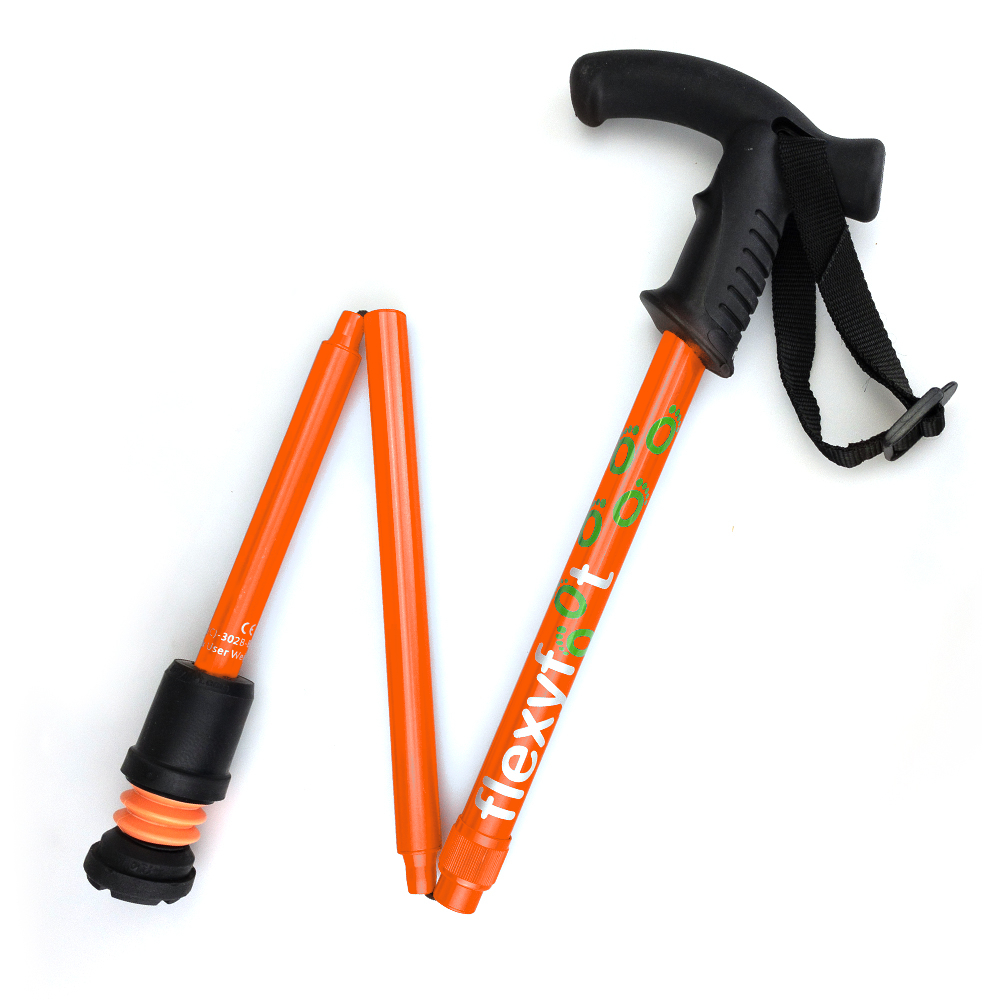 A single orange Flexyfoot Premium Derby Handle Folding Walking Stick