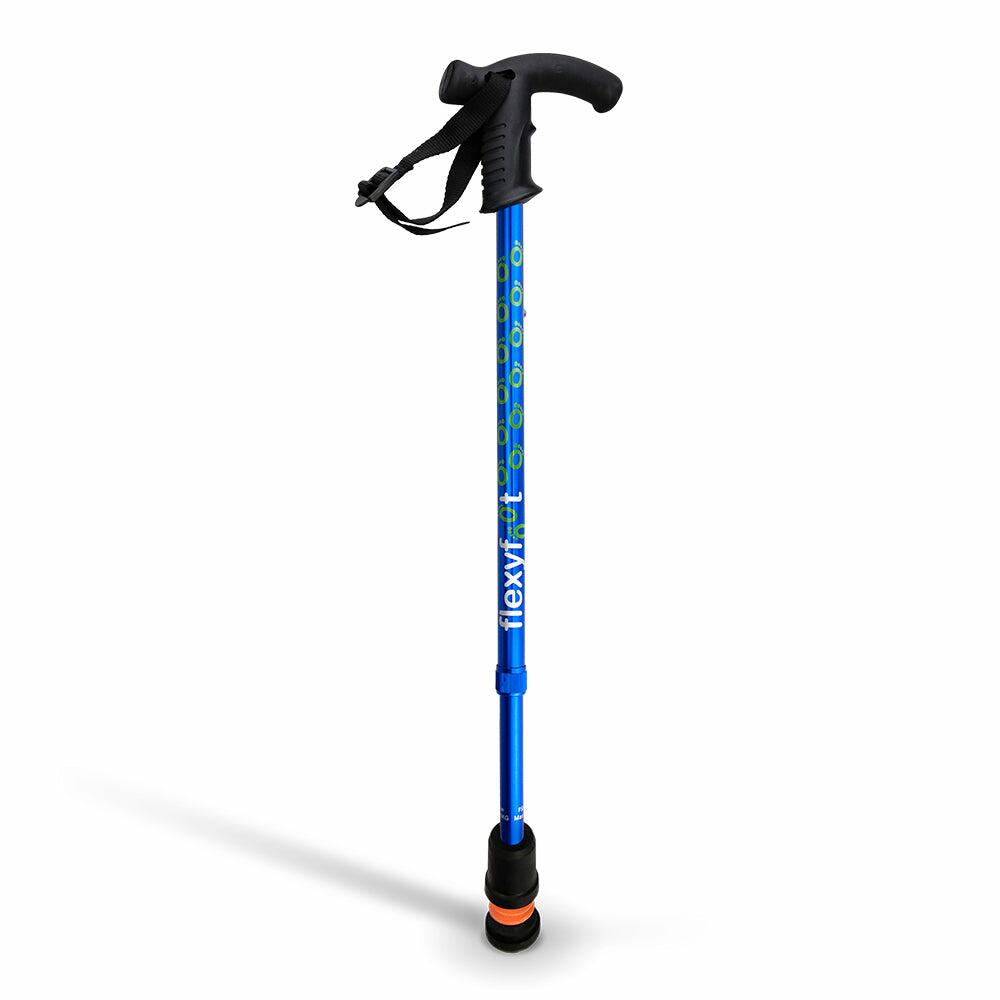 A single blue Flexyfoot Premium Derby Handle Walking Stick