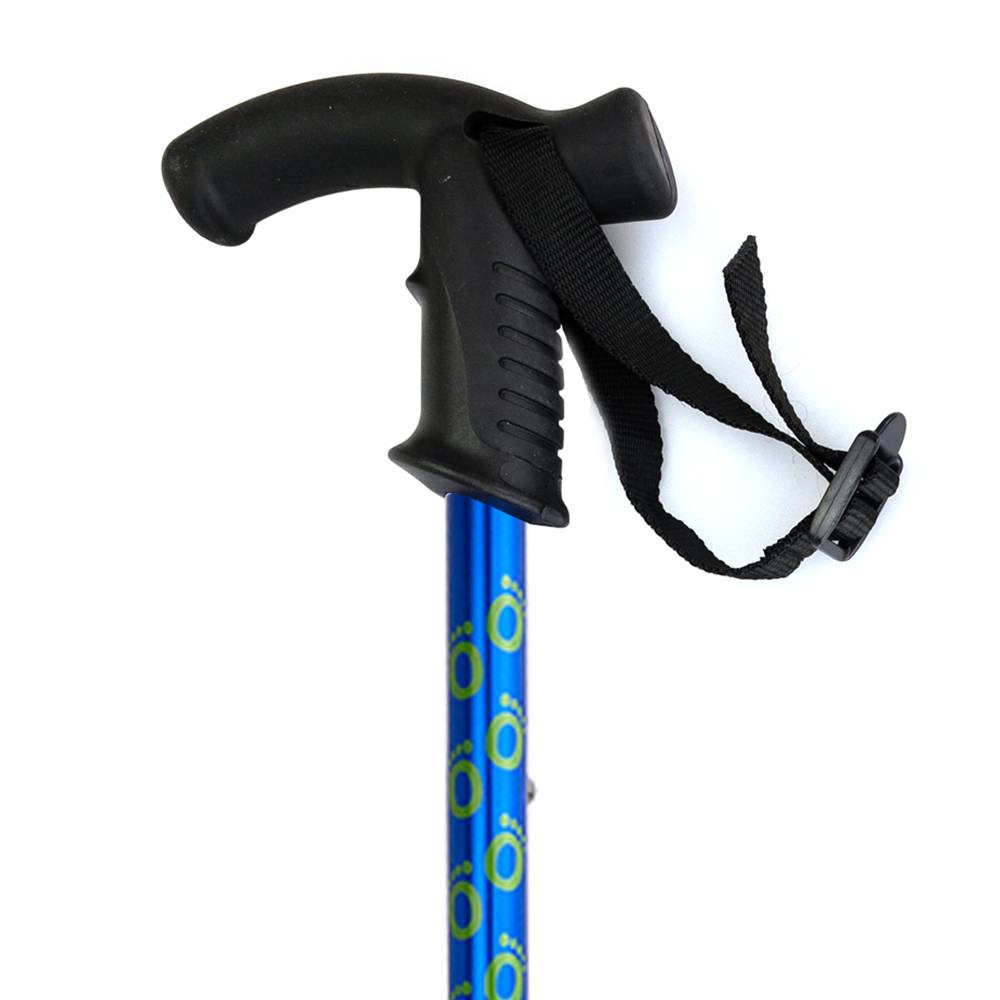 The derby handle of a blue Flexyfoot Premium Derby Handle Walking Stick