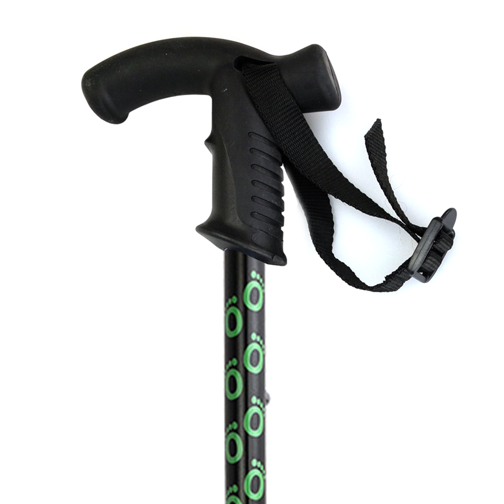 The derby handle of a black Flexyfoot Premium Derby Handle Folding Walking Stick