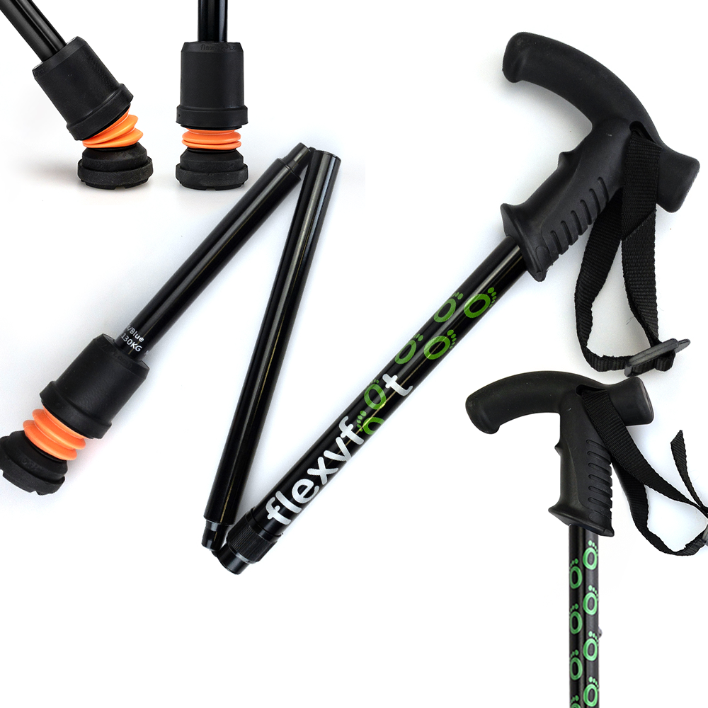 A black Flexyfoot Premium Derby Handle Folding Walking Stick