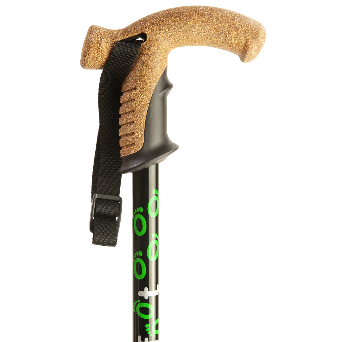 The cork handle of a black Flexyfoot Premium Cork Handle Folding Walking Stick