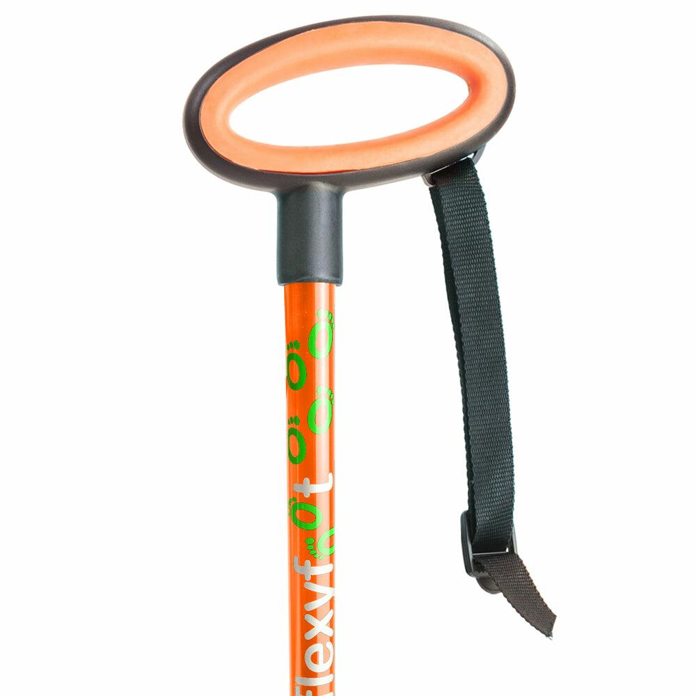 The oval handle of an orange Flexyfoot Premium Oval Handle Folding Walking Stick