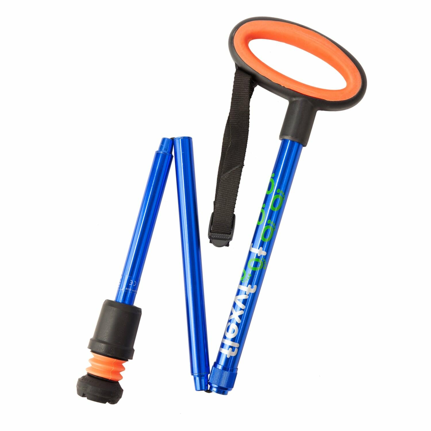 A blue Flexyfoot Premium Oval Handle Folding Walking Stick