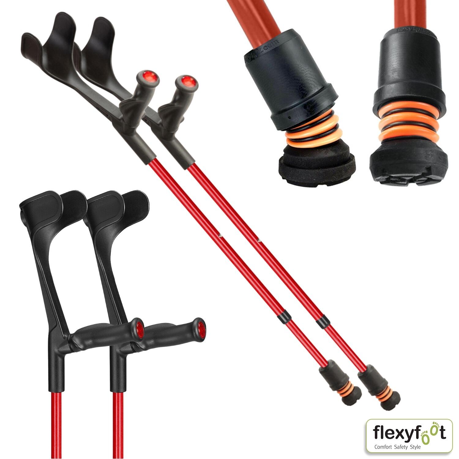 A pair of red Flexyfoot Comfort Grip Open Cuff Crutches
