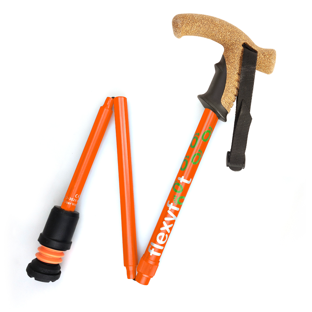 An orange Flexyfoot Premium Cork Handle Folding Walking Stick
